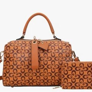 Stylish Monogram Khaki /Brown Vegan Leather Satchel w/Matching Wallet (NEW)